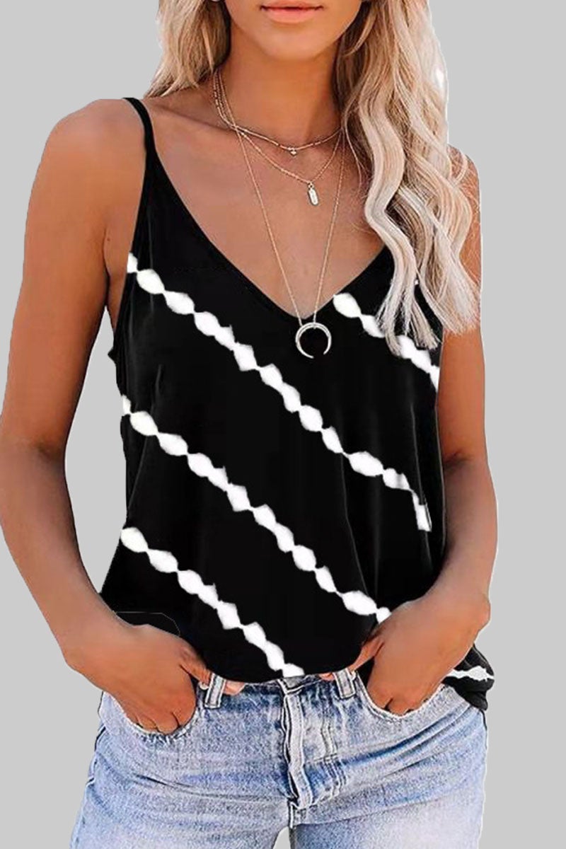 Fashion Casual Striped Print Split Joint V Neck Tops