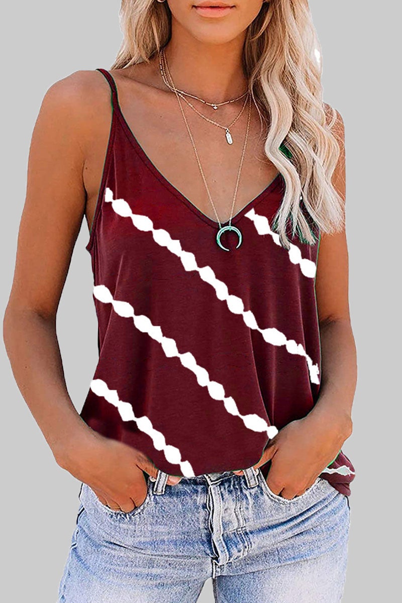 Fashion Casual Striped Print Split Joint V Neck Tops