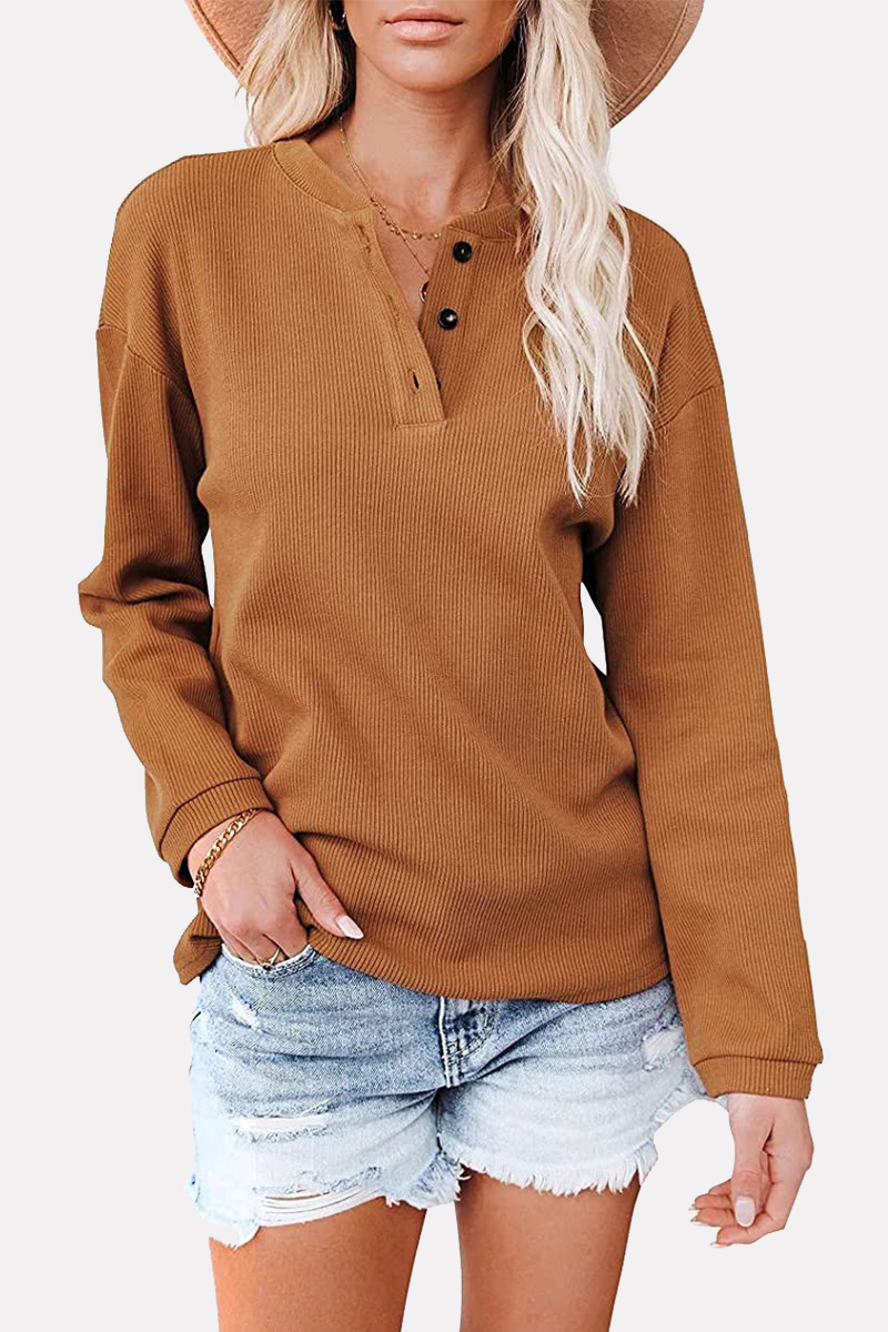 Casual Solid Buckle O Neck Tops(6 Colors)