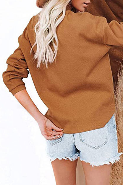 Casual Solid Buckle O Neck Tops(6 Colors)