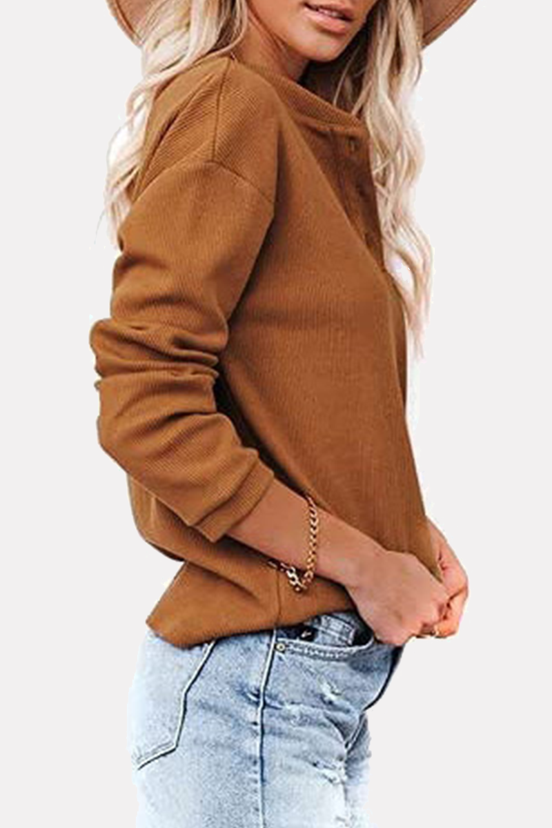 Casual Solid Buckle O Neck Tops(6 Colors)