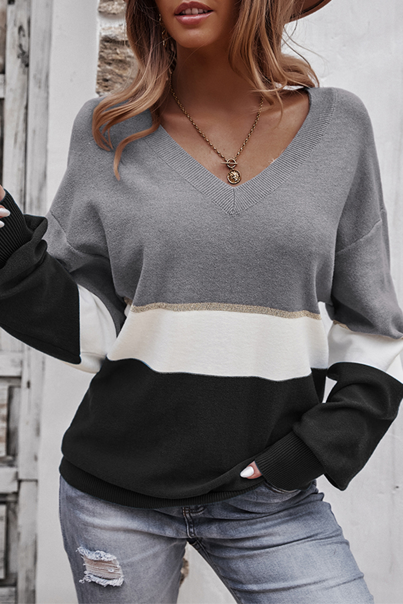 Casual Patchwork  Contrast V Neck Tops