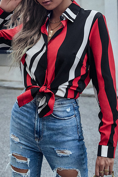 Casual Street Striped Split Joint Buckle Turndown Collar Tops