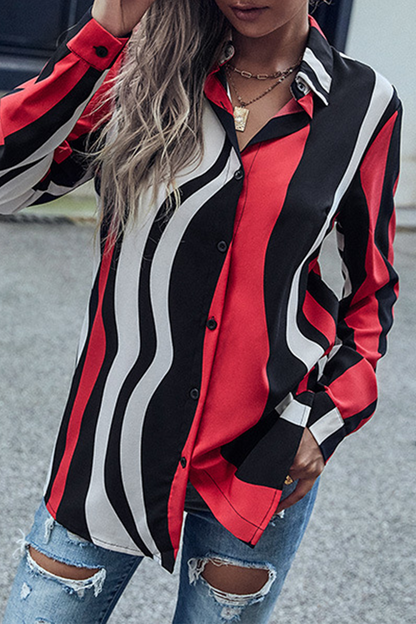 Casual Street Striped Split Joint Buckle Turndown Collar Tops