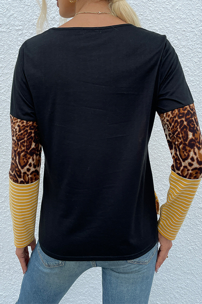 Casual Striped Leopard Split Joint O Neck Tops