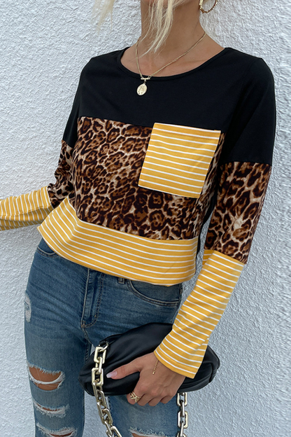 Casual Striped Leopard Split Joint O Neck Tops