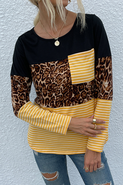 Casual Striped Leopard Split Joint O Neck Tops