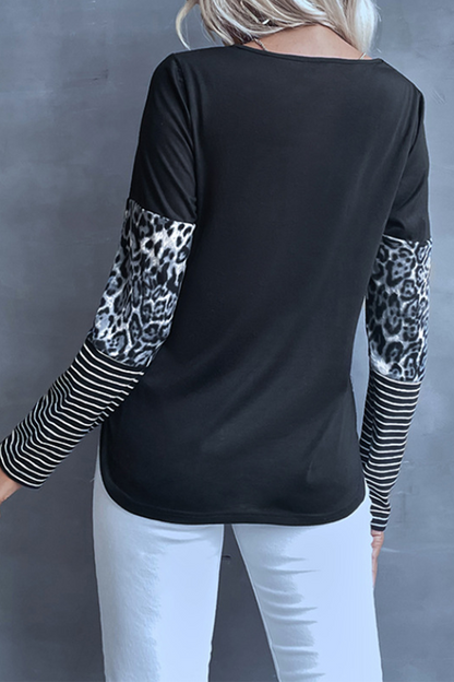 Casual Striped Leopard Split Joint O Neck Tops