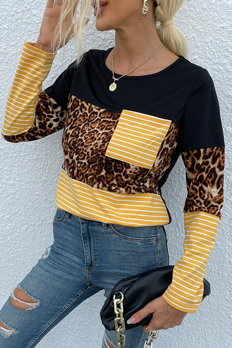 Casual Striped Leopard Split Joint O Neck Tops