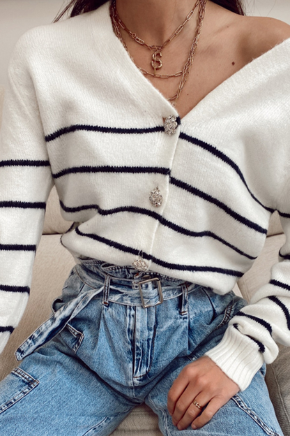 Casual Striped Buckle  Contrast V Neck Tops