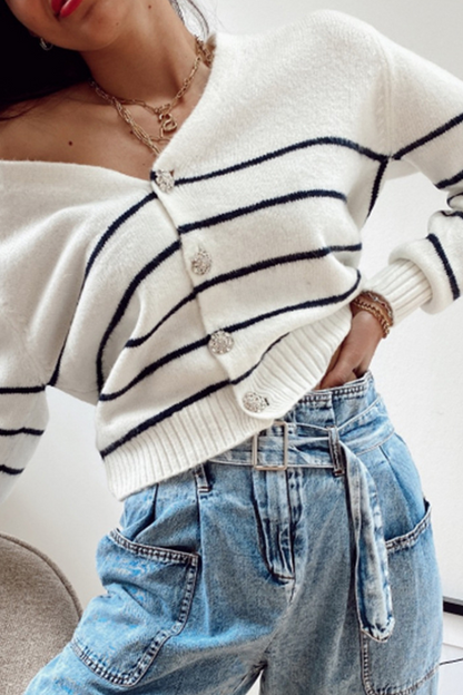 Casual Striped Buckle  Contrast V Neck Tops