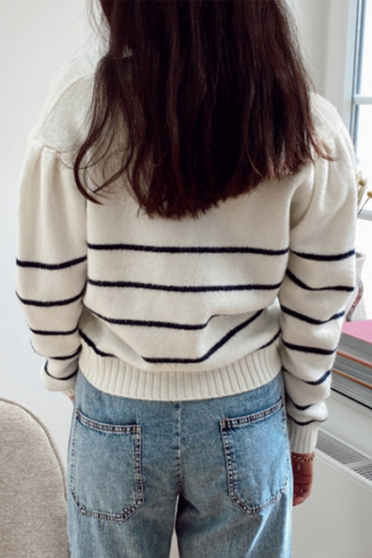 Casual Striped Buckle  Contrast V Neck Tops