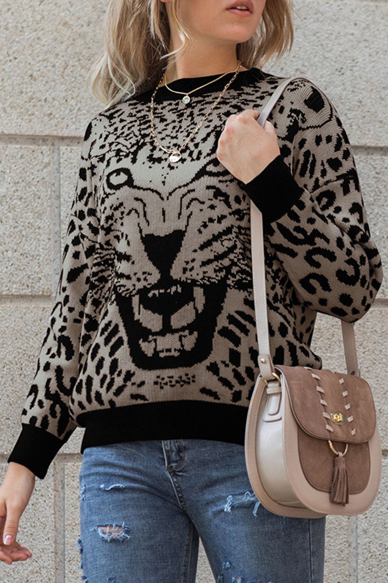 Fashion Casual Leopard Split Joint O Neck Tops