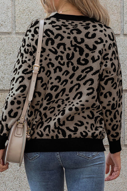 Fashion Casual Leopard Split Joint O Neck Tops