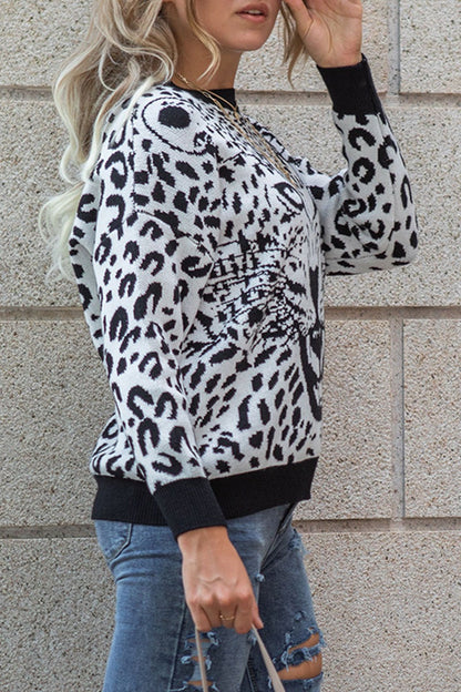 Fashion Casual Leopard Split Joint O Neck Tops