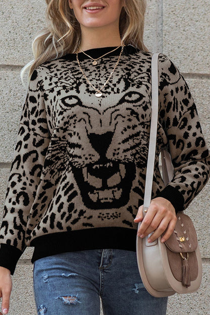 Fashion Casual Leopard Split Joint O Neck Tops