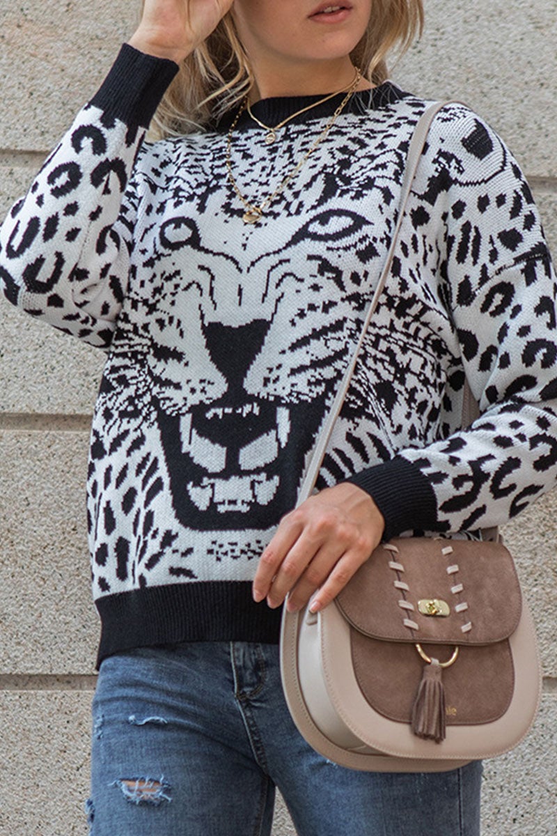 Fashion Casual Leopard Split Joint O Neck Tops