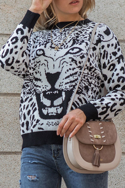 Fashion Casual Leopard Split Joint O Neck Tops