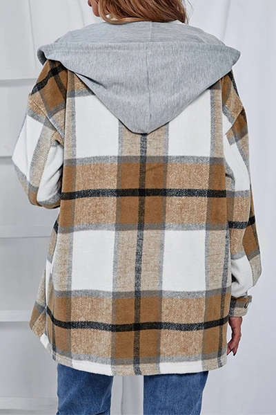 Xieyinshe Casual Plaid Draw String Buckle Hooded Collar Outerwear