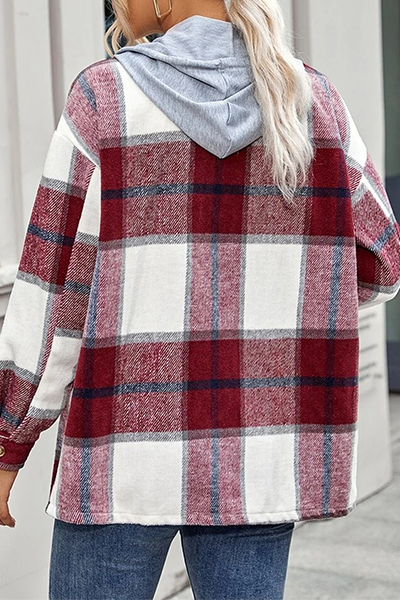 Xieyinshe Casual Plaid Draw String Buckle Hooded Collar Outerwear