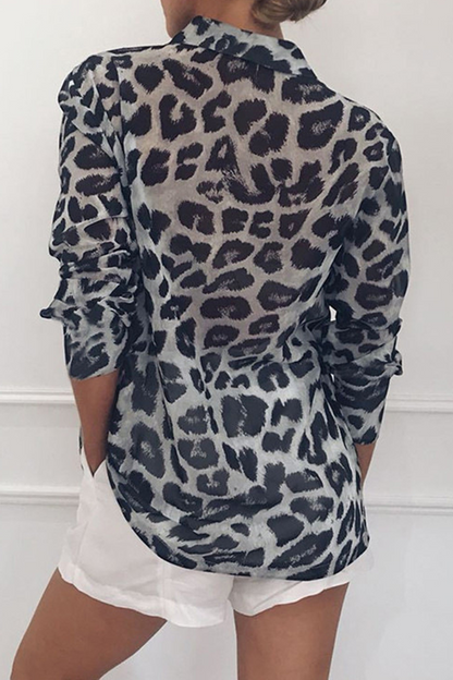 Fashion Leopard Buckle Turndown Collar Tops(4 Colors)