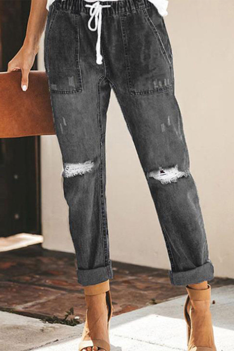 Xieyinshe Street Solid Ripped Frenulum Straight Denim Jeans