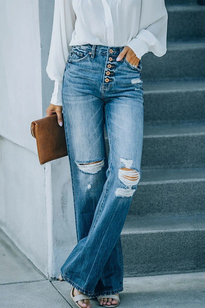 Xieyinshe Casual Street Solid Ripped Buckle High Waist Straight Denim Jeans