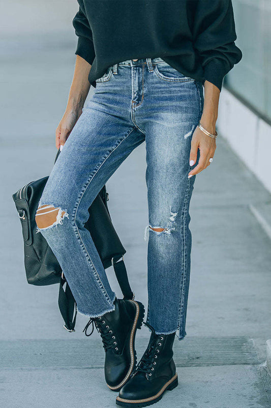 Xieyinshe Street Solid Ripped Straight Denim Jeans