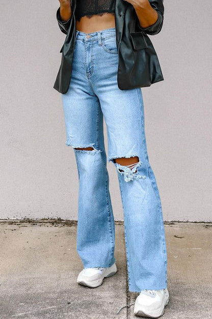 Xieyinshe Street Solid Ripped High Waist Regular Denim Jeans