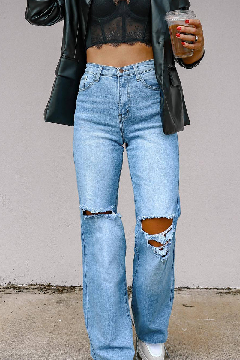 Xieyinshe Street Solid Ripped High Waist Regular Denim Jeans