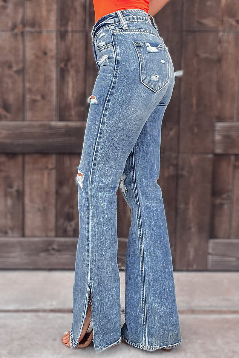 Xieyinshe Street Solid Ripped Mid Waist Straight Denim Jeans