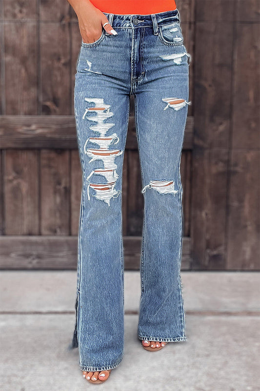 Xieyinshe Street Solid Ripped Mid Waist Straight Denim Jeans