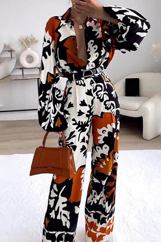 Xieyinshe Casual Print Patchwork Buckle Turndown Collar Long Sleeve Two Pieces