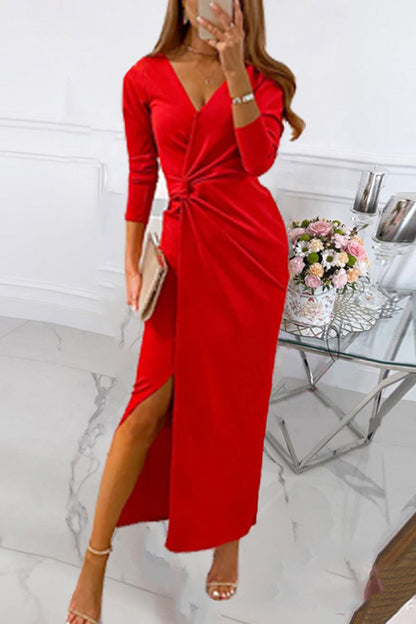 Xieyinshe Elegant Solid Slit Fold V Neck Evening Dress Dresses(4 Colors)