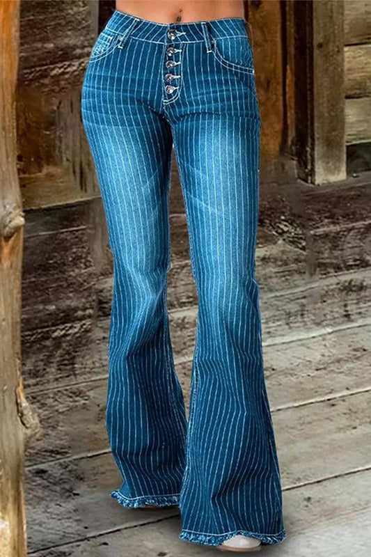 Xieyinshe Casual Street Striped Make Old Mid Waist Regular Denim Jeans
