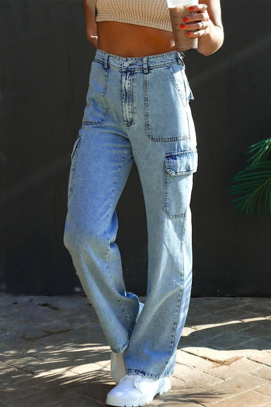 Xieyinshe Casual Street Solid Pocket Loose Denim Jeans