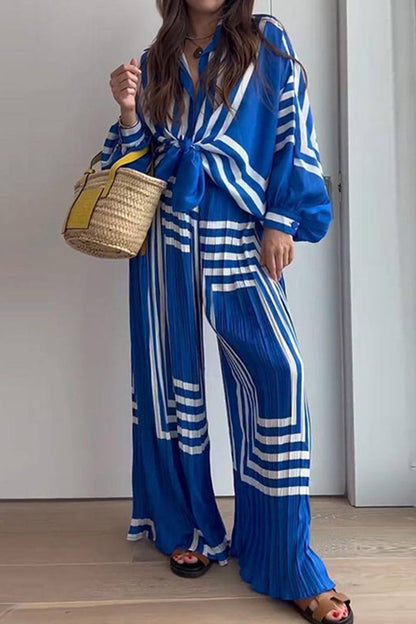 Xieyinshe Casual Striped Print Patchwork V Neck Long Sleeve Two Pieces