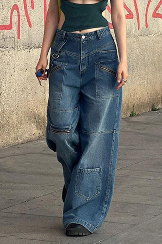 Xieyinshe Casual Street Solid Pocket Loose Denim Jeans