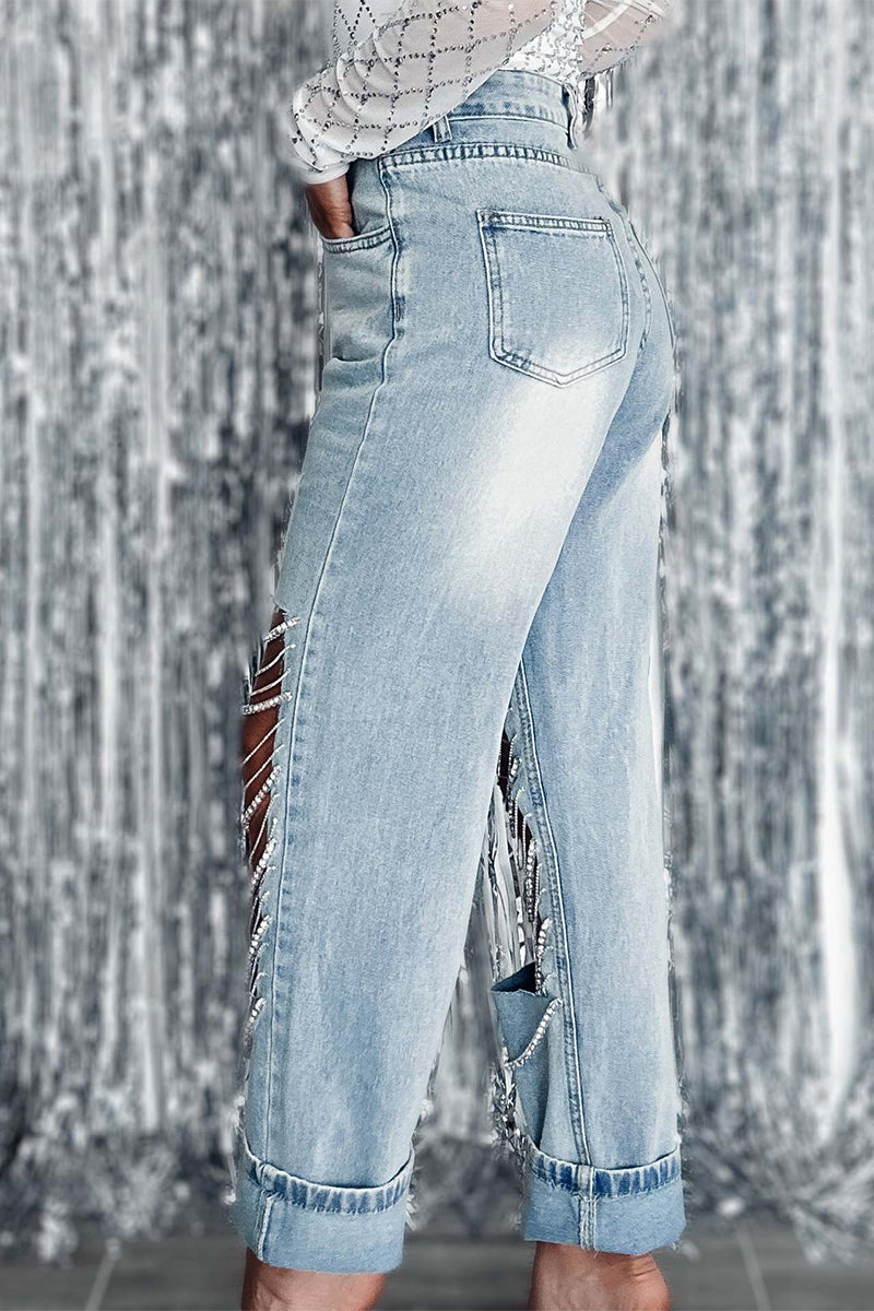 Xieyinshe Street Solid Ripped Chains Loose Denim Jeans