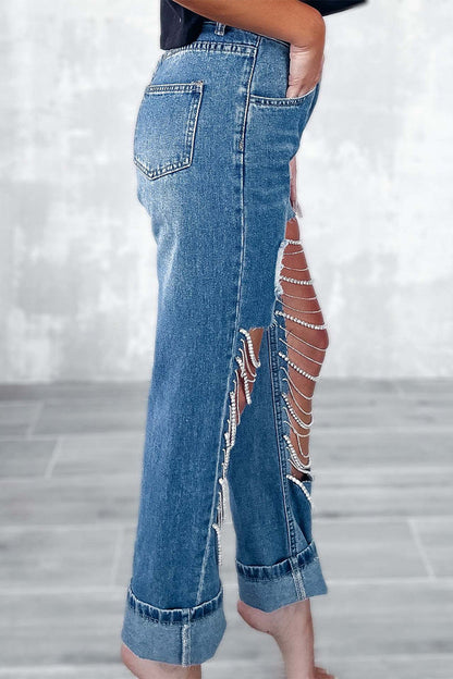 Xieyinshe Street Solid Ripped Chains Loose Denim Jeans