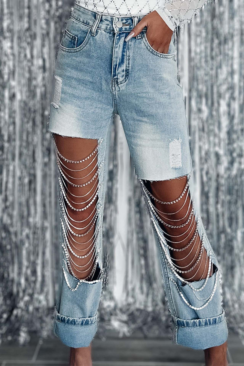 Xieyinshe Street Solid Ripped Chains Loose Denim Jeans