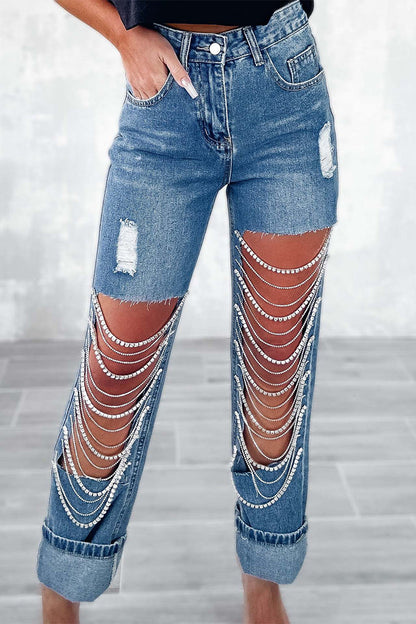 Xieyinshe Street Solid Ripped Chains Loose Denim Jeans