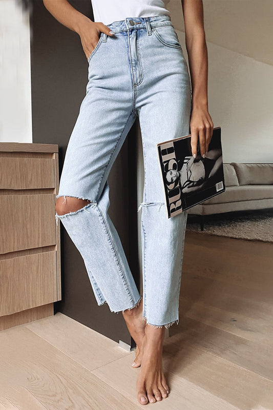 Xieyinshe Casual Street Solid Ripped High Waist Regular Denim Jeans