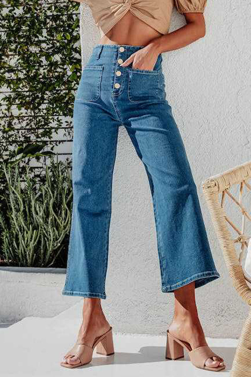 Xieyinshe Casual Street Solid Pocket Buckle Loose Denim Jeans