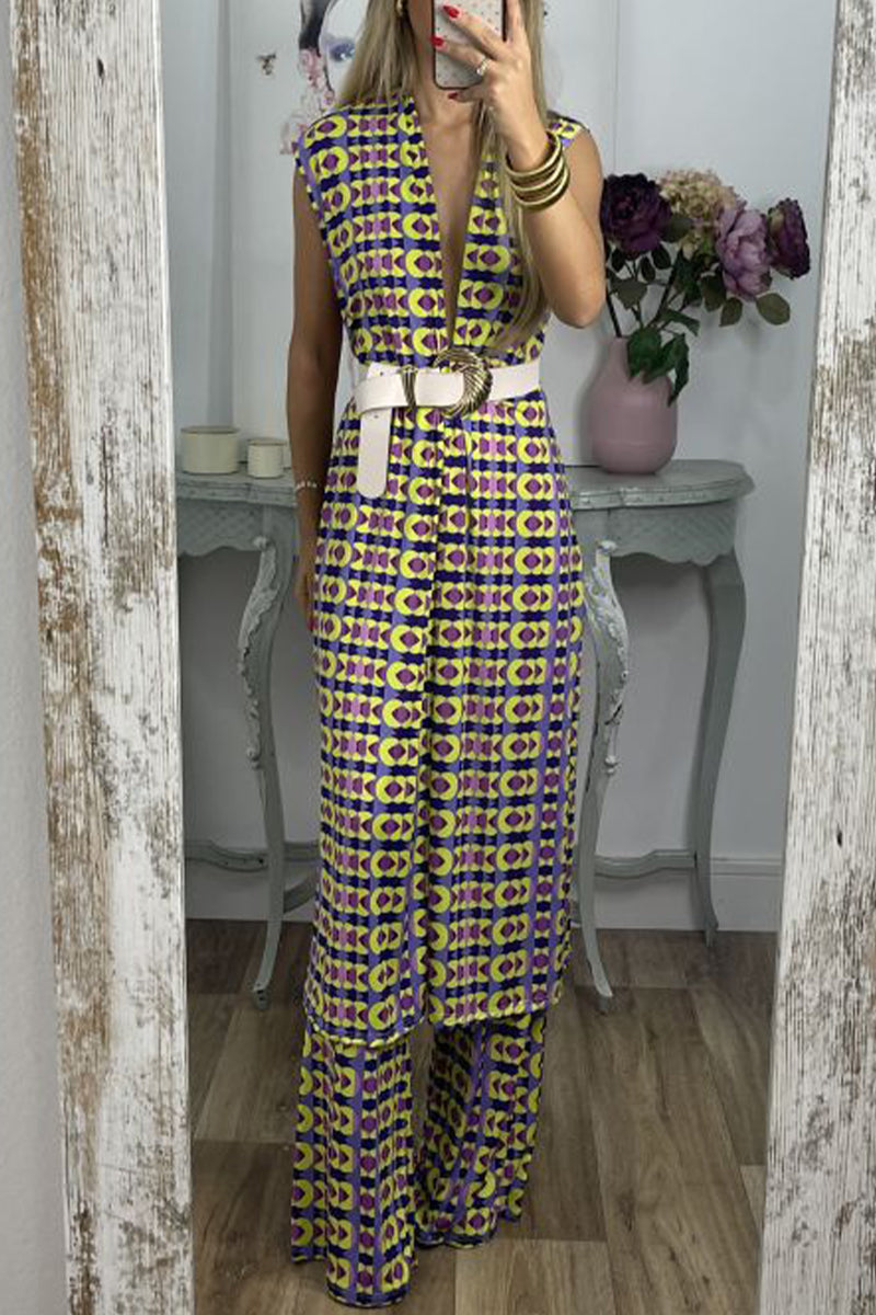 Xieyinshe Casual Geometric With Belt Printing V Neck Sleeveless Two Pieces