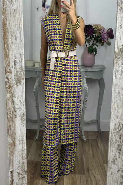 Xieyinshe Casual Geometric With Belt Printing V Neck Sleeveless Two Pieces