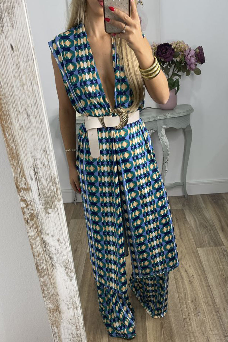 Xieyinshe Casual Geometric With Belt Printing V Neck Sleeveless Two Pieces