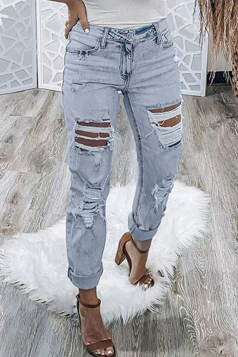 Xieyinshe Street Solid Ripped Hollowed Out Regular Denim Jeans