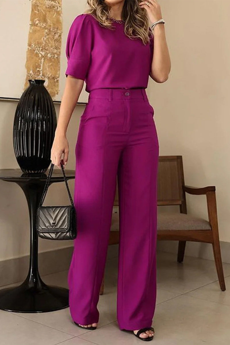 Xieyinshe Casual Elegant Solid Pocket O Neck Half Sleeve Two Pieces