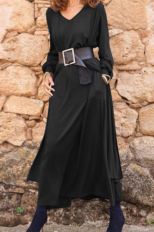 Xieyinshe Casual Solid With Belt V Neck Long Sleeve Two Pieces
